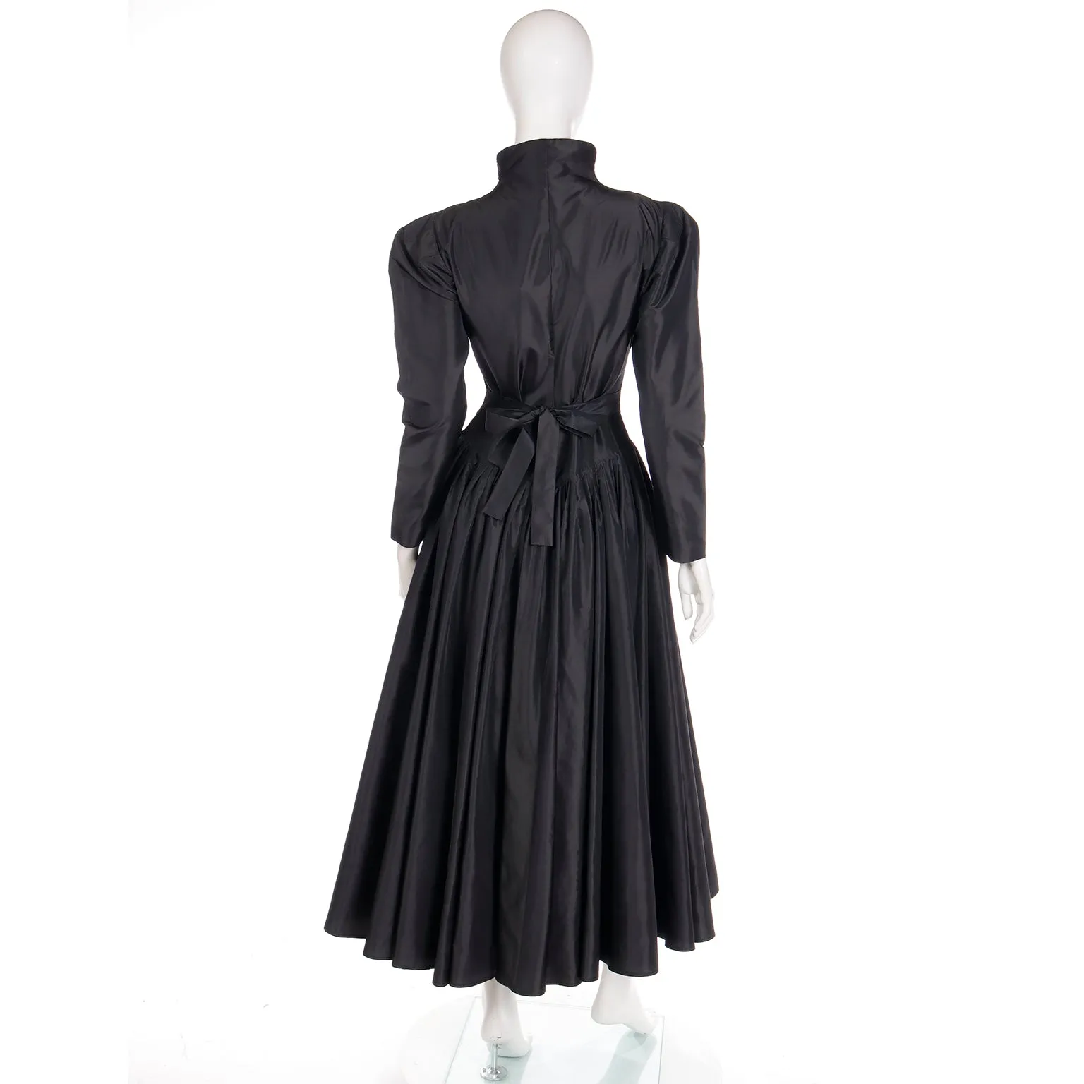 1980s Norma Kamali Black Taffeta Dress With Full Skirt