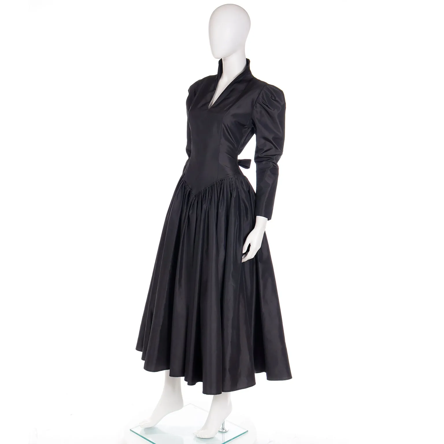 1980s Norma Kamali Black Taffeta Dress With Full Skirt