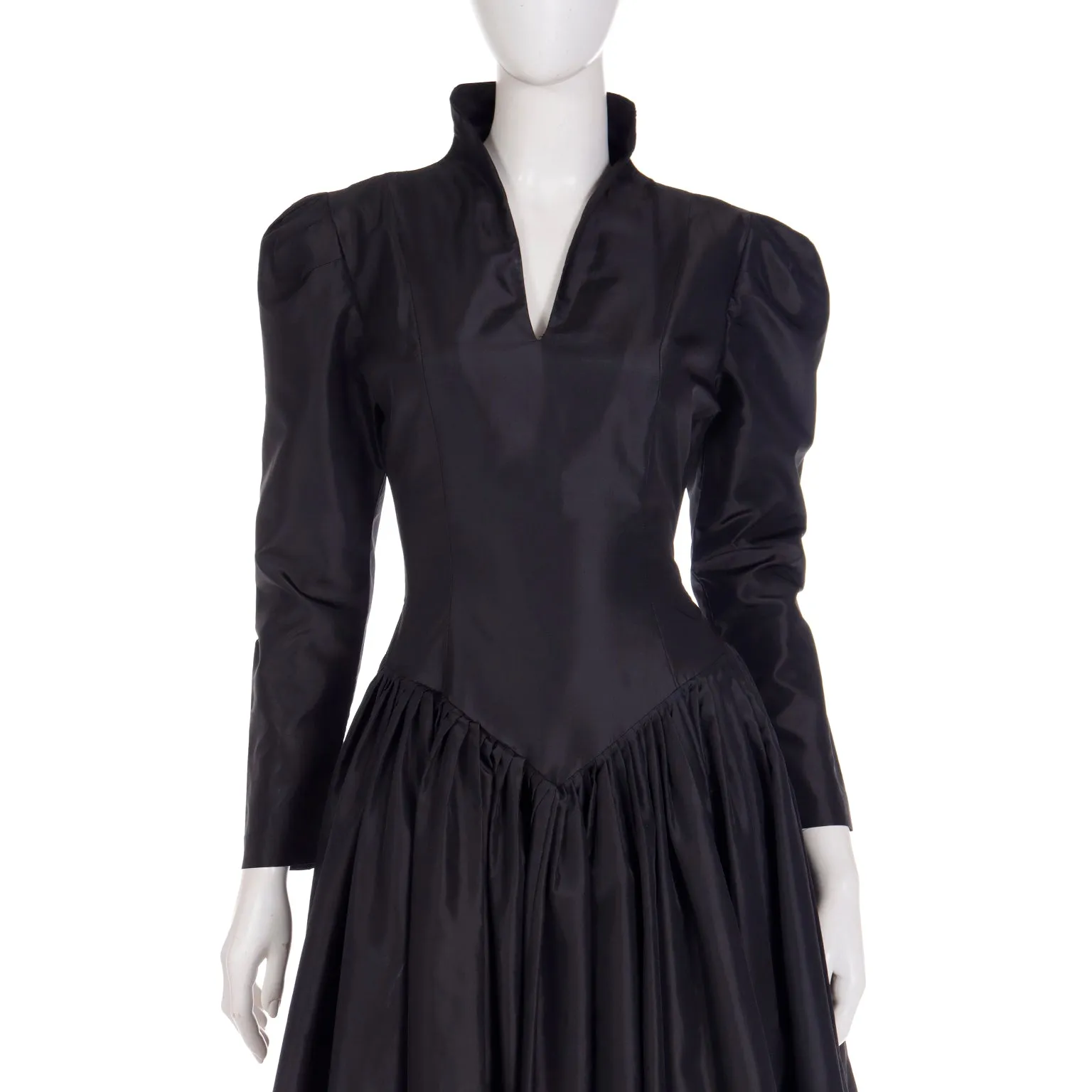 1980s Norma Kamali Black Taffeta Dress With Full Skirt