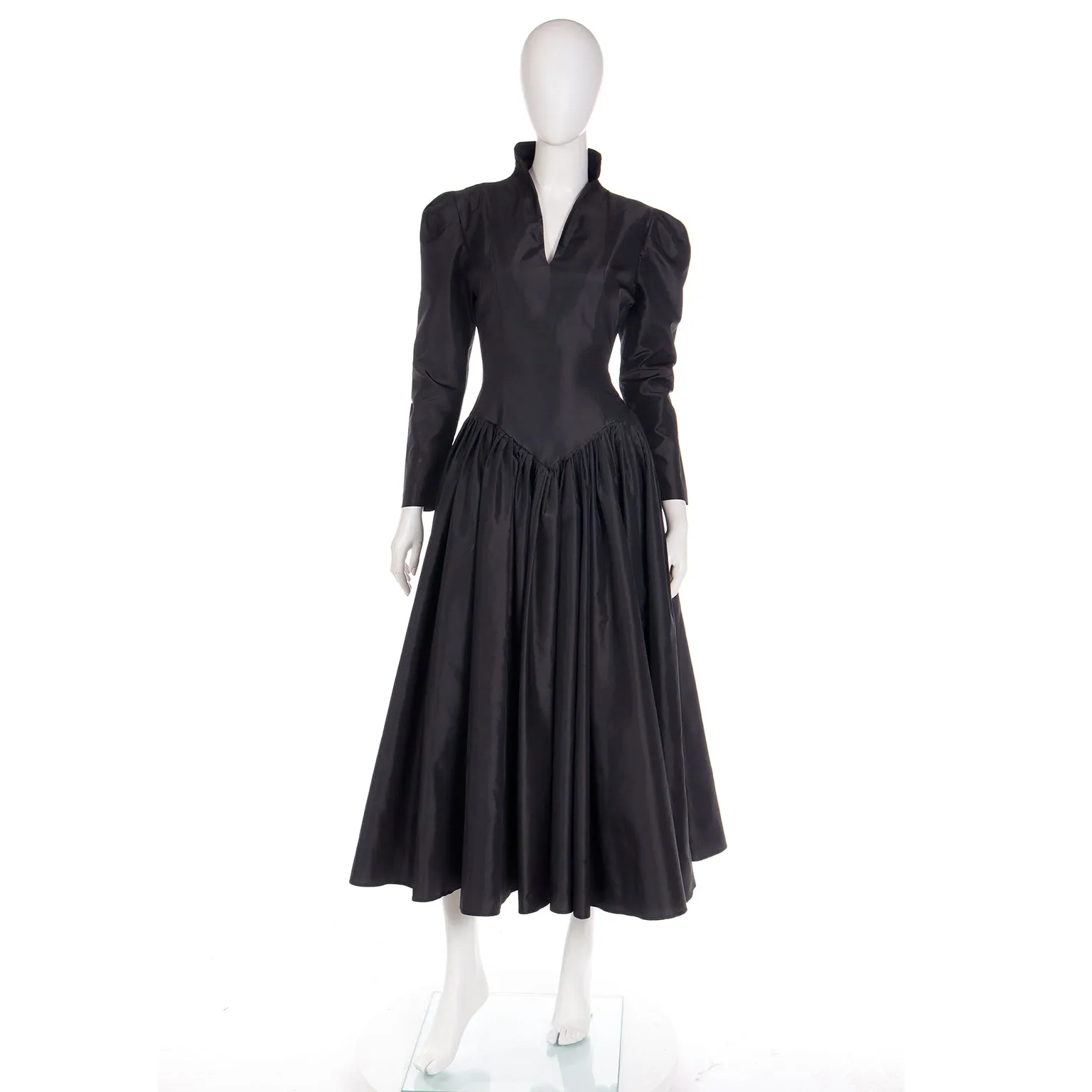 1980s Norma Kamali Black Taffeta Dress With Full Skirt