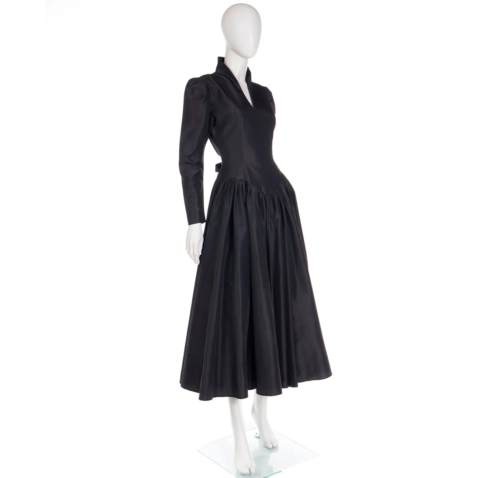 1980s Norma Kamali Black Taffeta Dress With Full Skirt