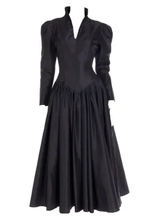 1980s Norma Kamali Black Taffeta Dress With Full Skirt