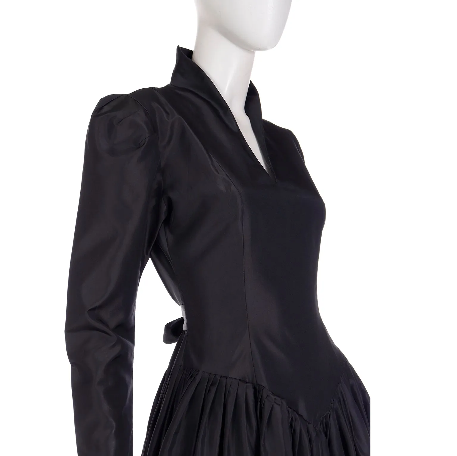 1980s Norma Kamali Black Taffeta Dress With Full Skirt