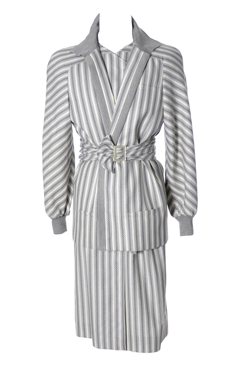 1980s Valentino Vintage Grey & Cream Striped Dress & Jacket Outfit