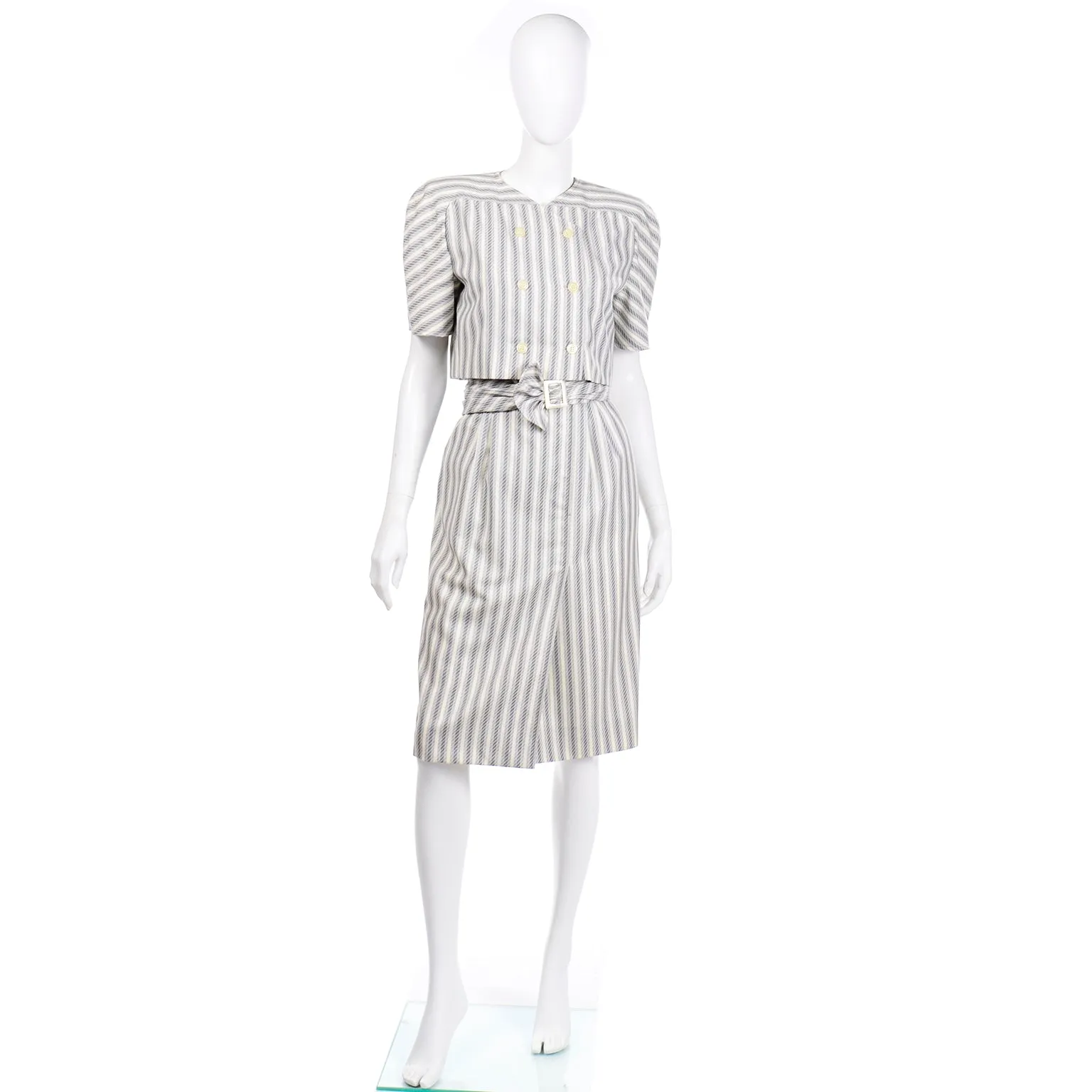 1980s Valentino Vintage Grey & Cream Striped Dress & Jacket Outfit