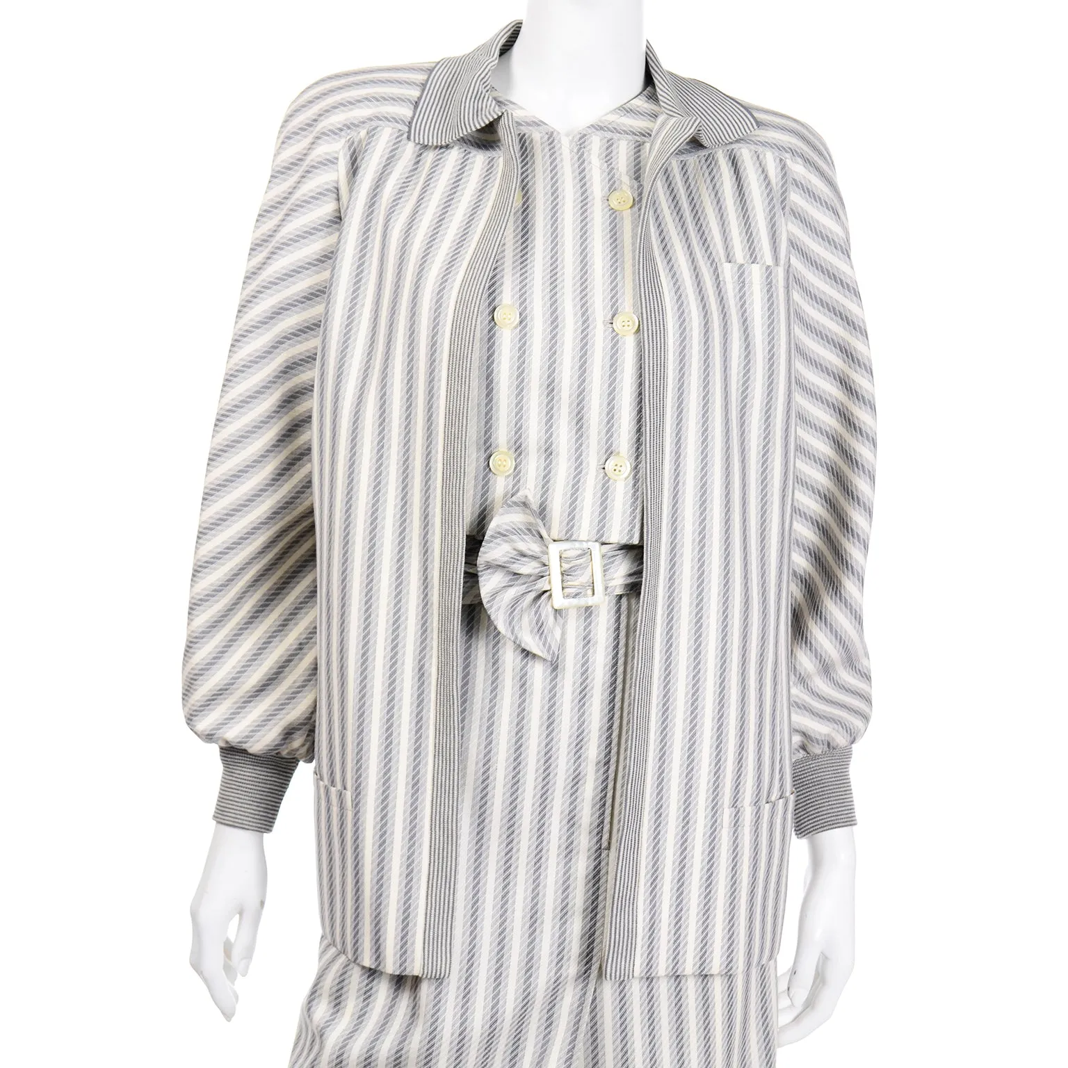 1980s Valentino Vintage Grey & Cream Striped Dress & Jacket Outfit