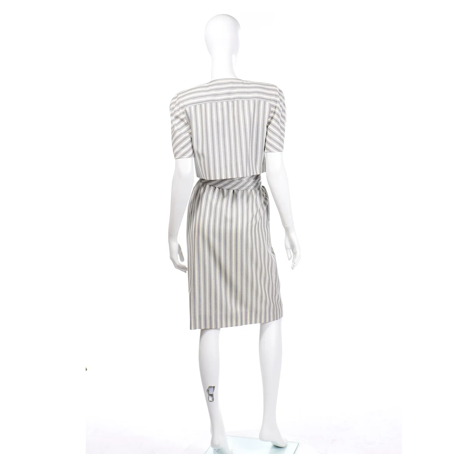 1980s Valentino Vintage Grey & Cream Striped Dress & Jacket Outfit