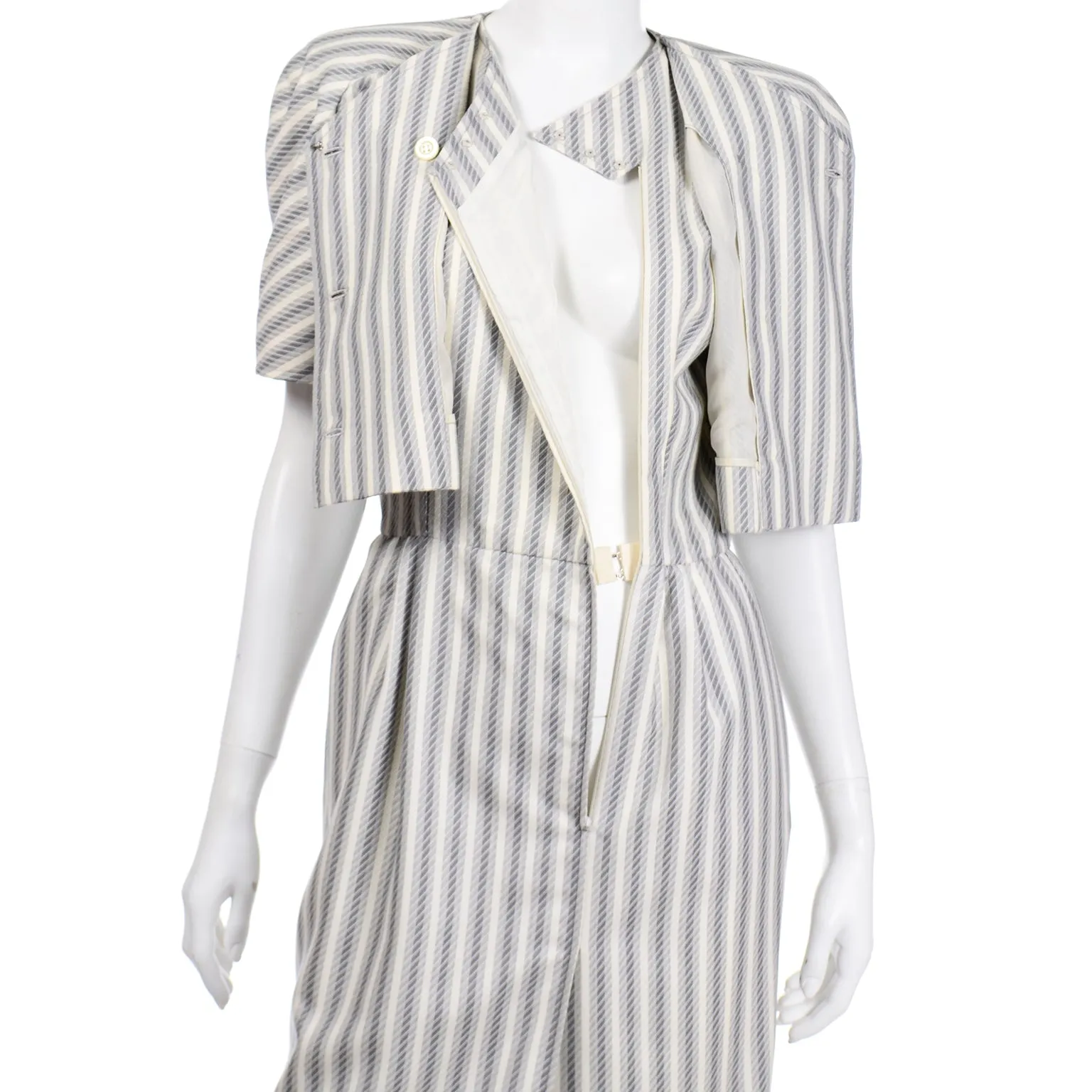 1980s Valentino Vintage Grey & Cream Striped Dress & Jacket Outfit