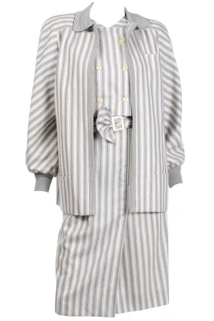 1980s Valentino Vintage Grey & Cream Striped Dress & Jacket Outfit