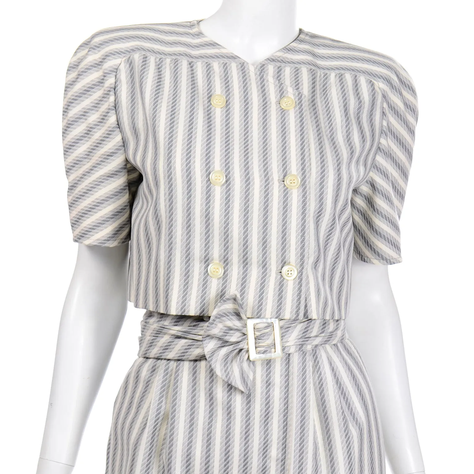 1980s Valentino Vintage Grey & Cream Striped Dress & Jacket Outfit