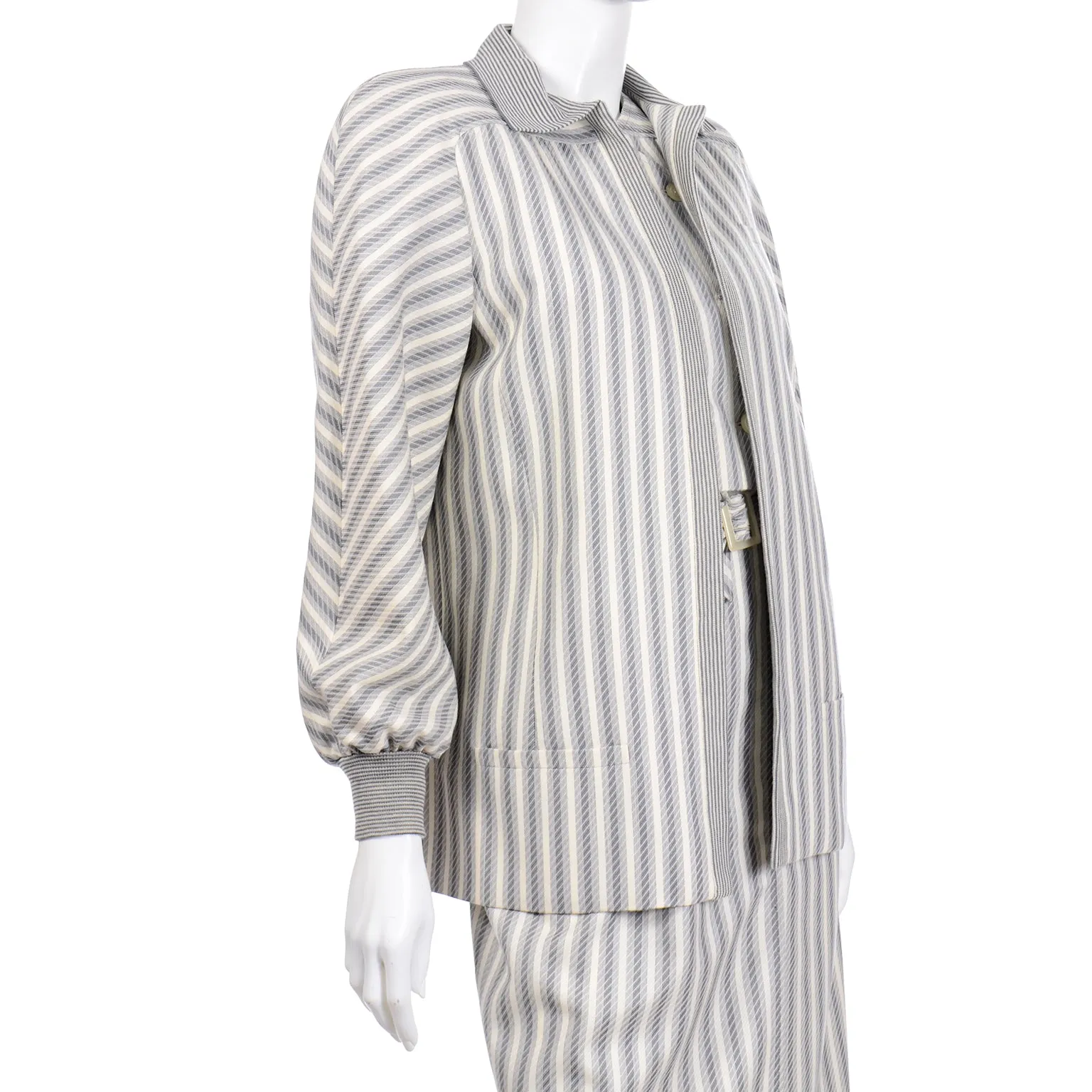 1980s Valentino Vintage Grey & Cream Striped Dress & Jacket Outfit