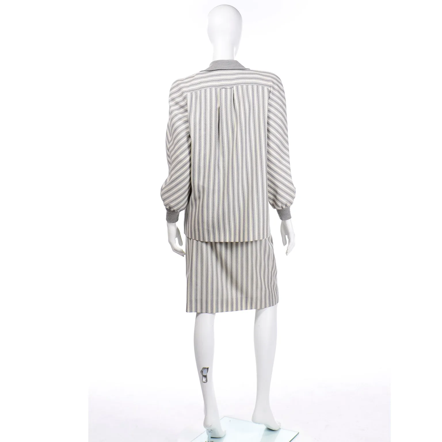 1980s Valentino Vintage Grey & Cream Striped Dress & Jacket Outfit