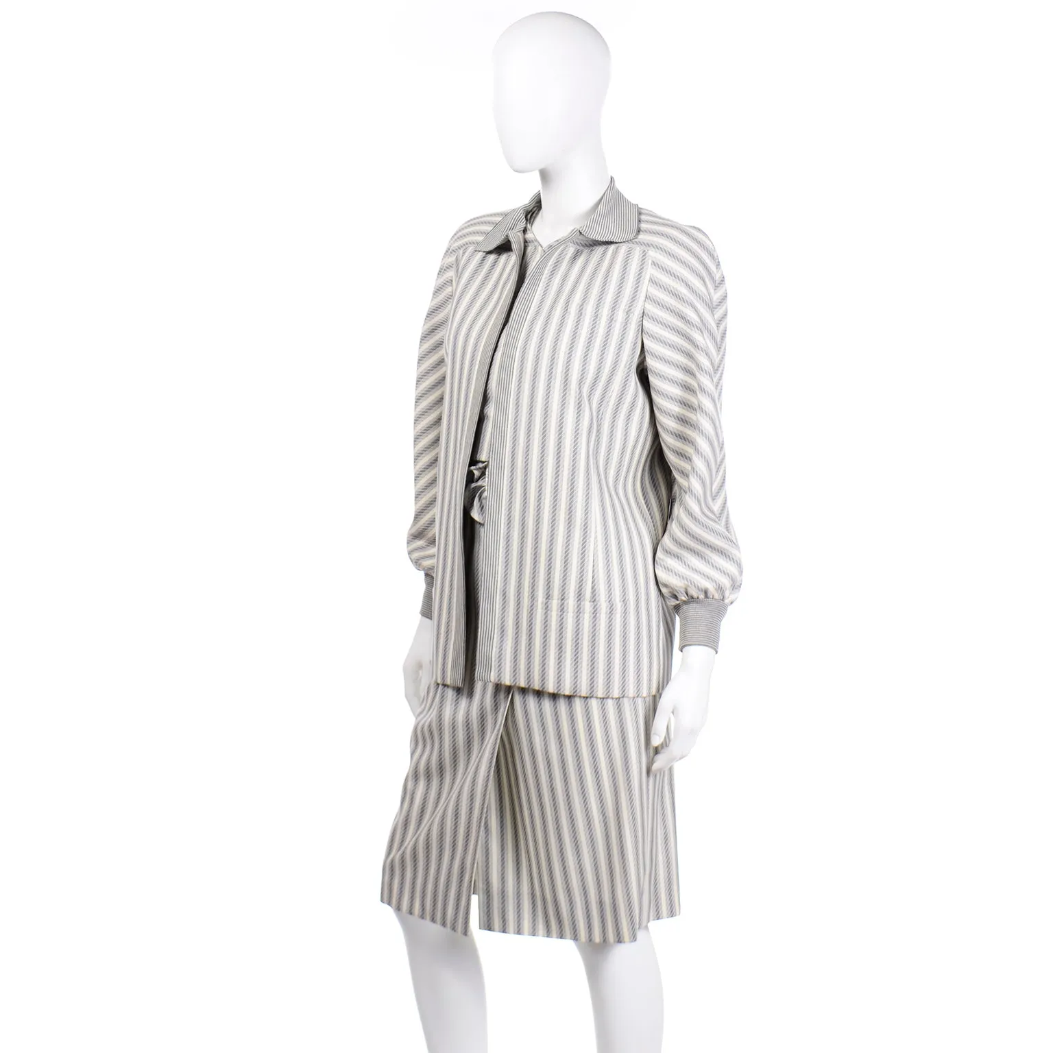 1980s Valentino Vintage Grey & Cream Striped Dress & Jacket Outfit