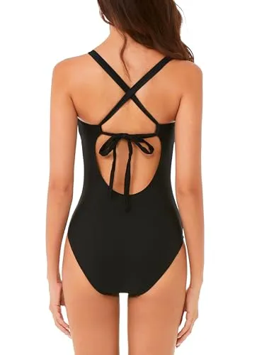 BCA By Rebecca Virtue Women's Standard Destination One Piece Swimsuit, Plunge Neck, Crochet Trim, Bathing Suits, Black