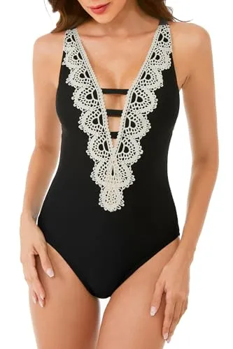 BCA By Rebecca Virtue Women's Standard Destination One Piece Swimsuit, Plunge Neck, Crochet Trim, Bathing Suits, Black