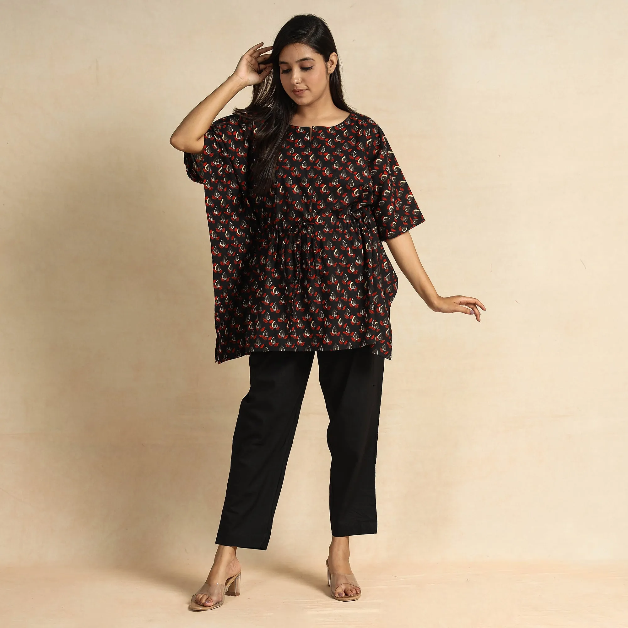 Black - Bagru Block Printed Cotton Kaftan & Pyjama Night Suit Set