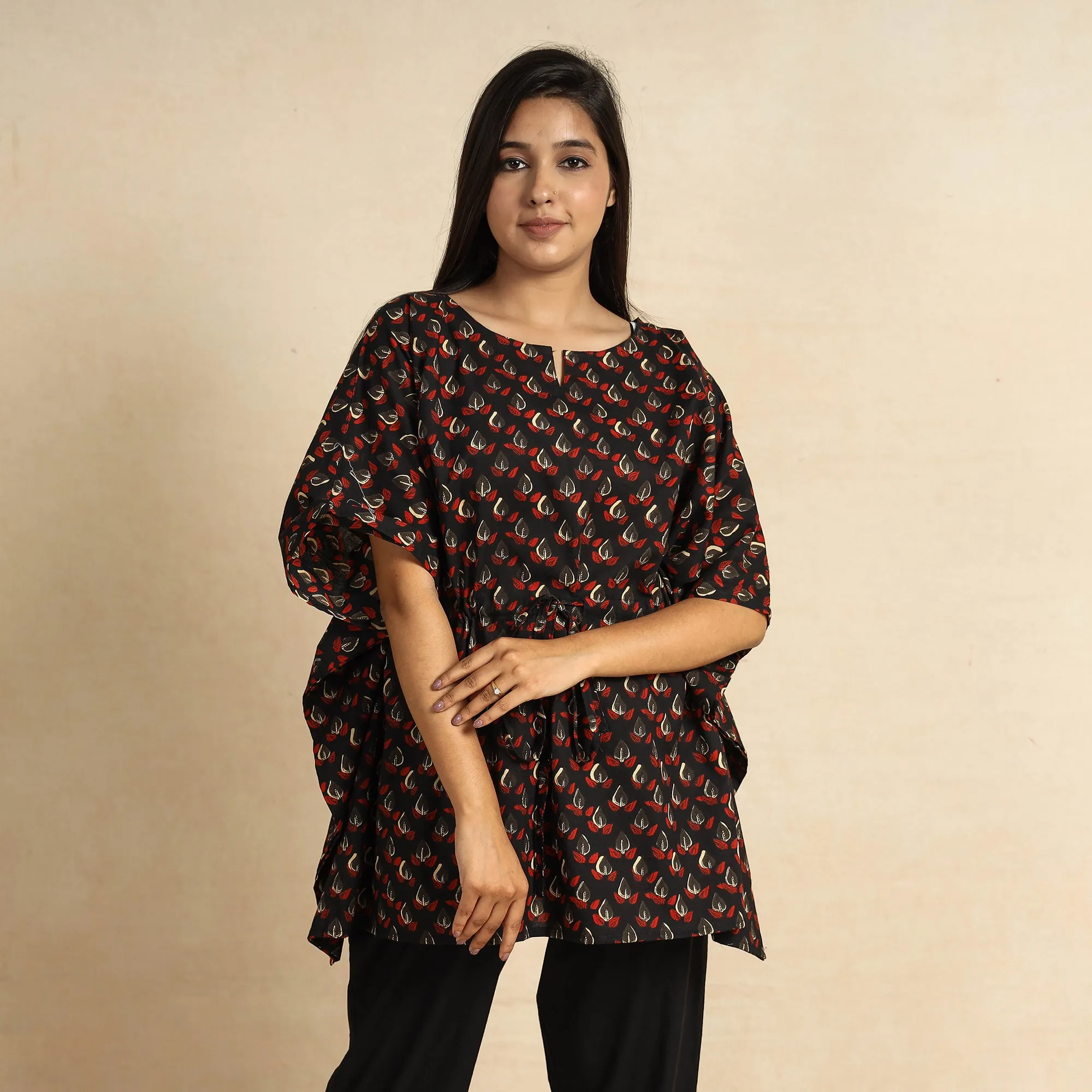 Black - Bagru Block Printed Cotton Kaftan & Pyjama Night Suit Set