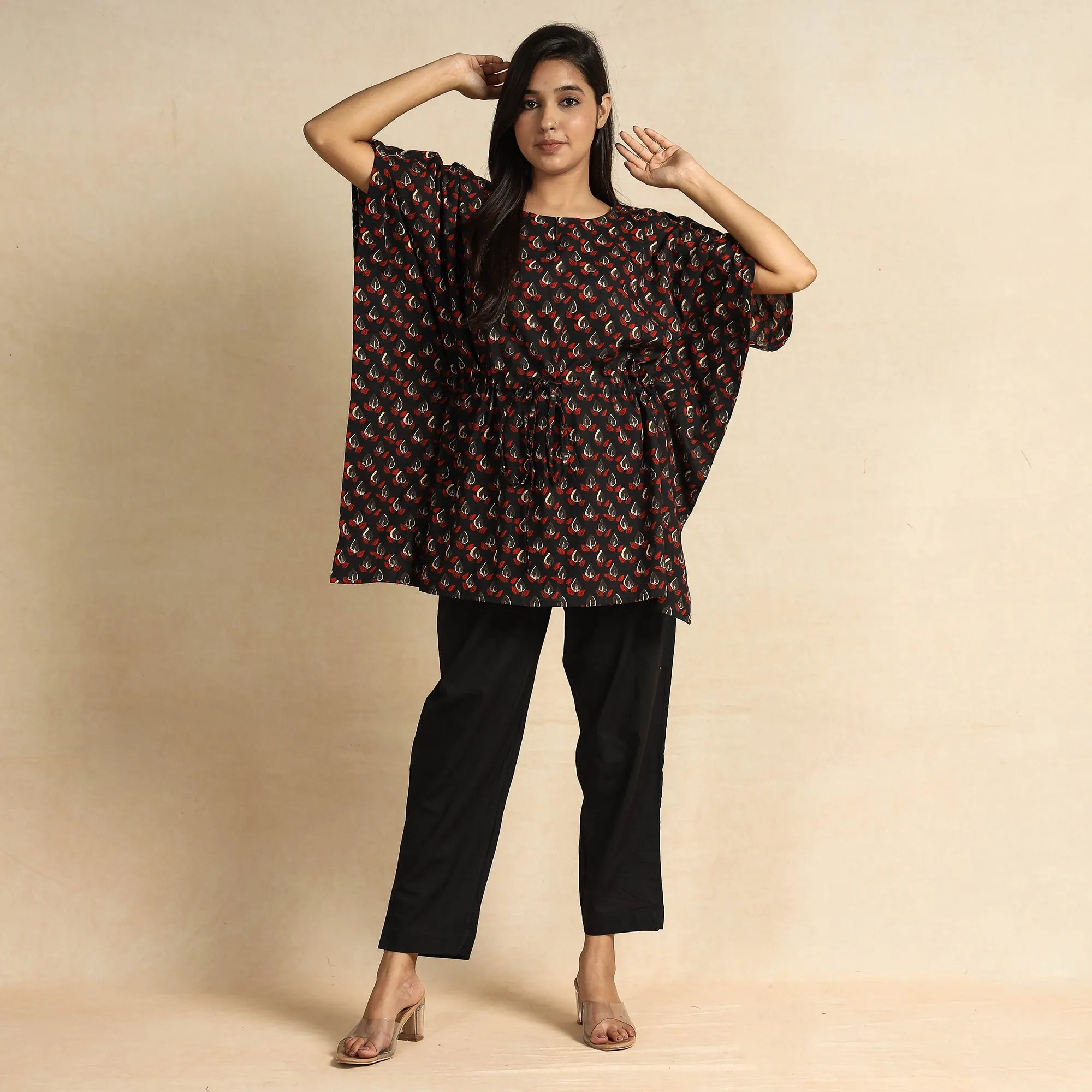 Black - Bagru Block Printed Cotton Kaftan & Pyjama Night Suit Set