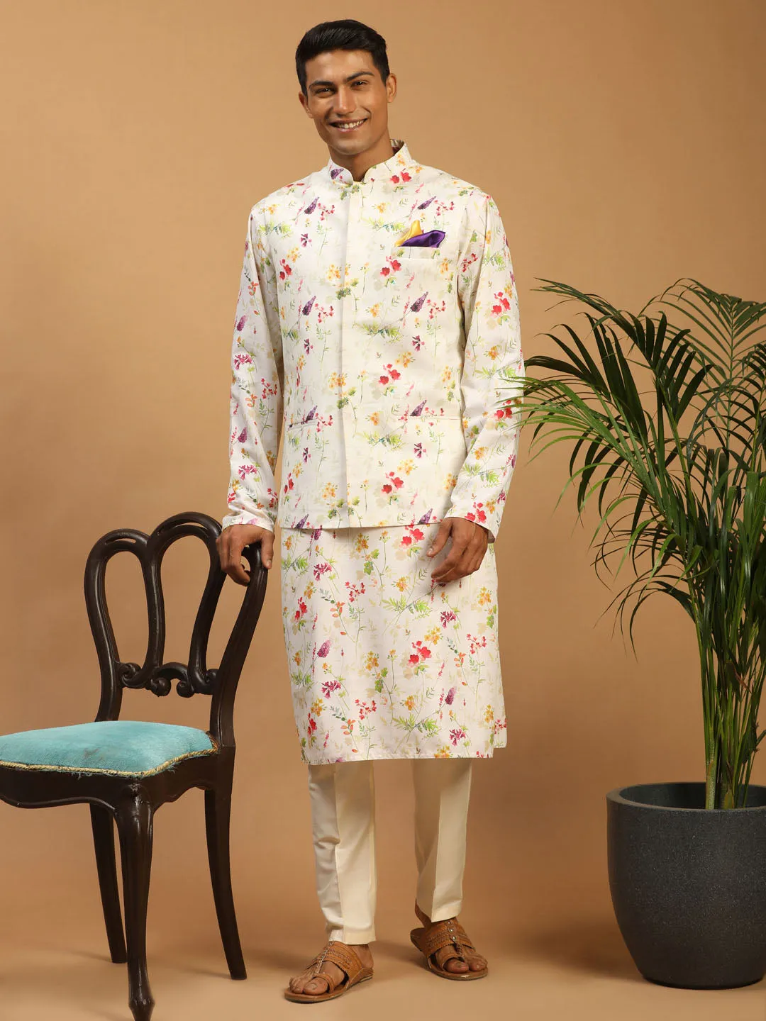 Cream Floral Print Nehru Jacket Set