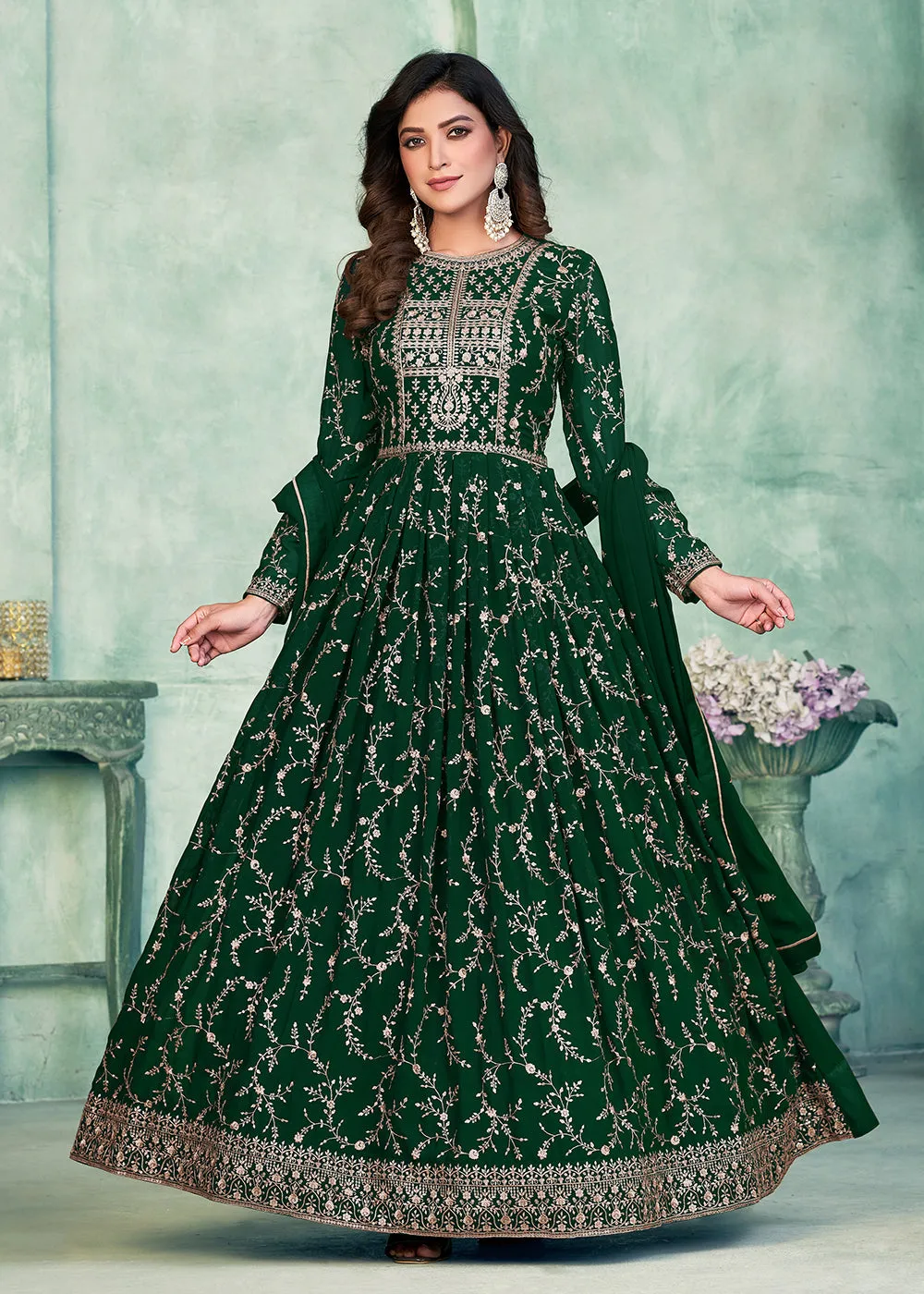 Designer Green Embroidered Wedding Party Anarkali Suit