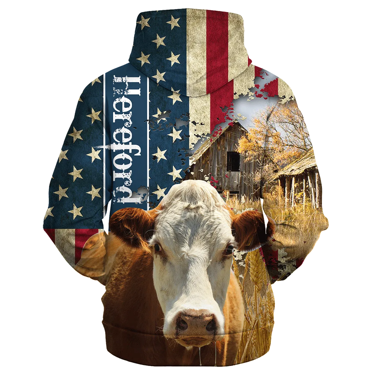 Hereford Farm With America Flag Hoodie, Cow Usa Flag Pattern Hoodies