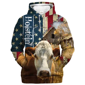 Hereford Farm With America Flag Hoodie, Cow Usa Flag Pattern Hoodies