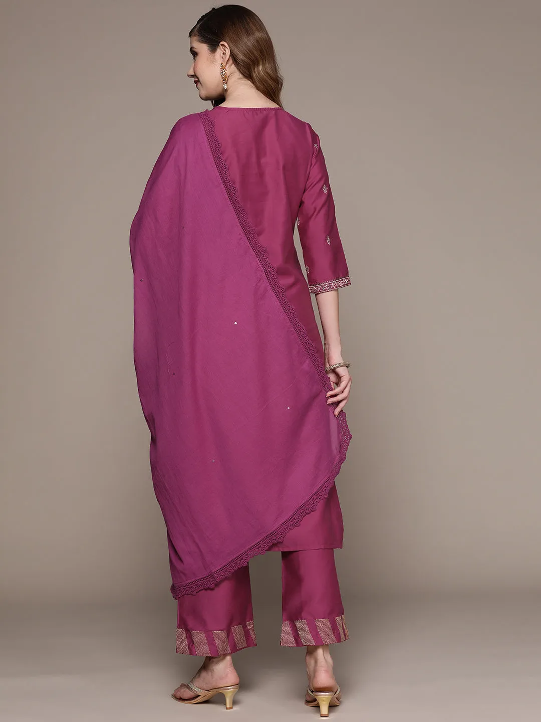 Ishin Women's Purple Embroidered A-Line Kurta with Palazzo & Dupatta