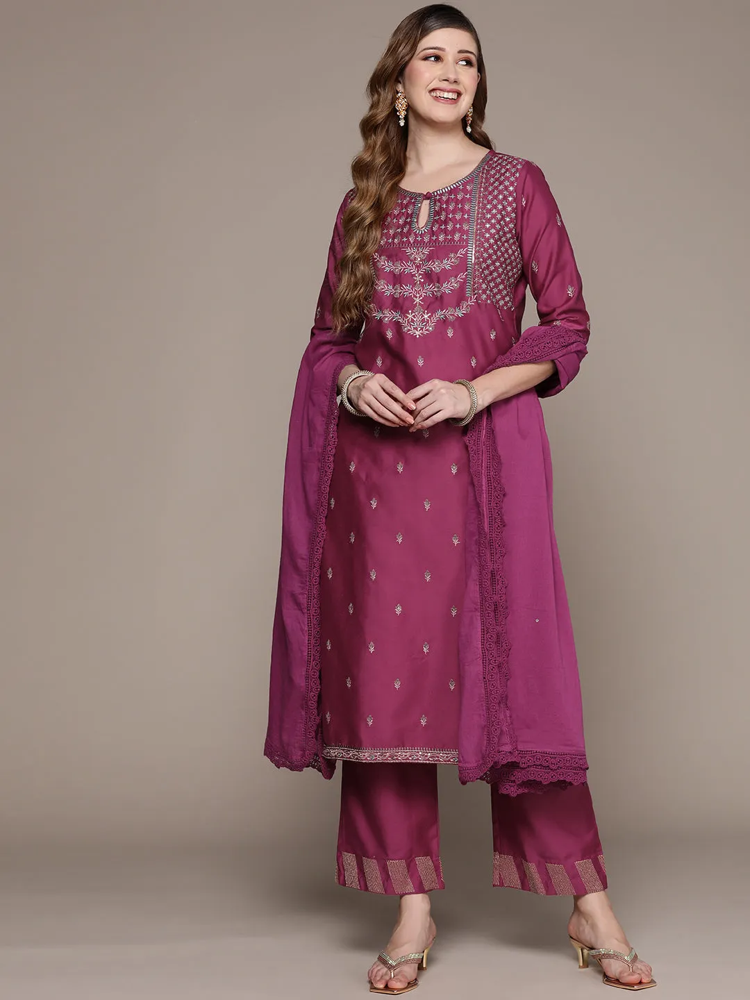 Ishin Women's Purple Embroidered A-Line Kurta with Palazzo & Dupatta