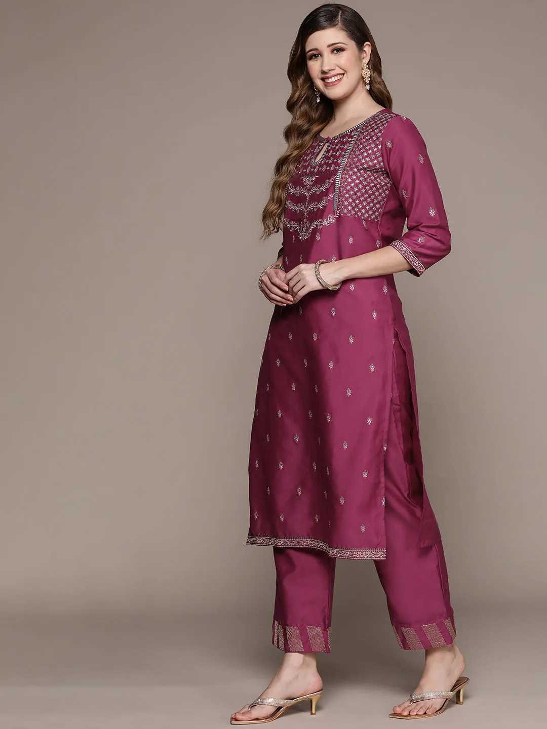 Ishin Women's Purple Embroidered A-Line Kurta with Palazzo & Dupatta