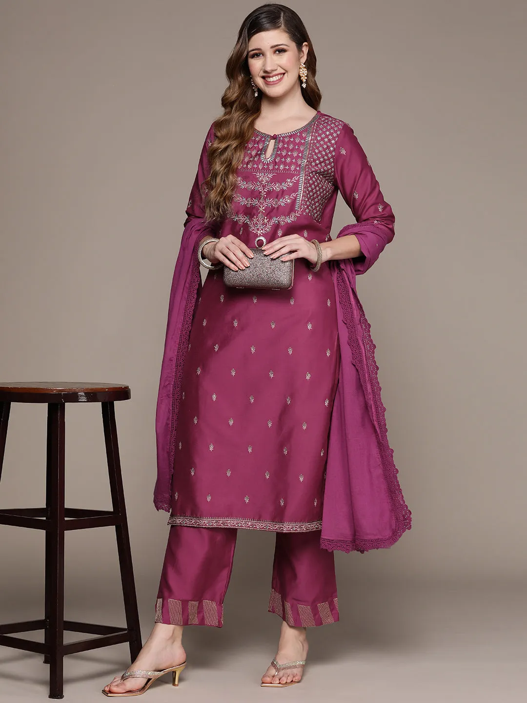 Ishin Women's Purple Embroidered A-Line Kurta with Palazzo & Dupatta