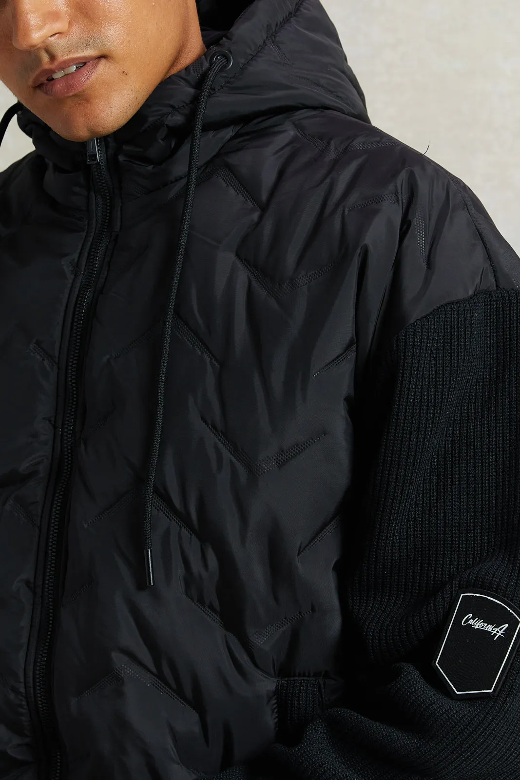 Men Black Tech Puffer Jacket With Knitted Sleeves