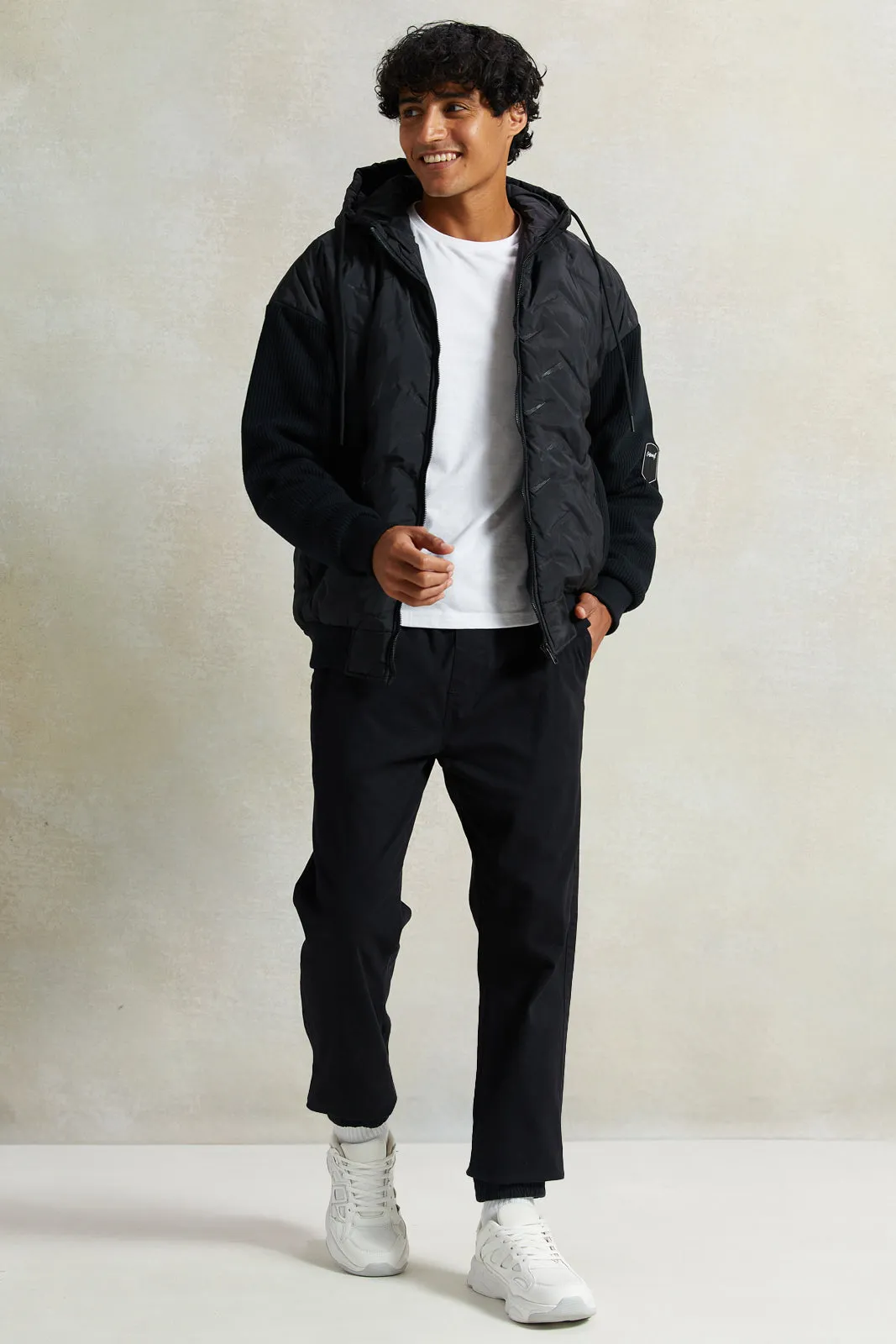 Men Black Tech Puffer Jacket With Knitted Sleeves