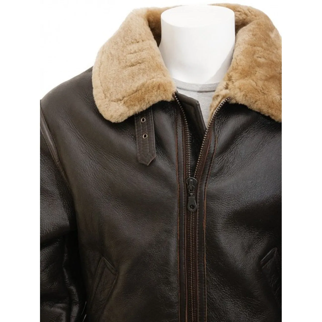 Men's Aviator Leather Jacket with Fur in Brown