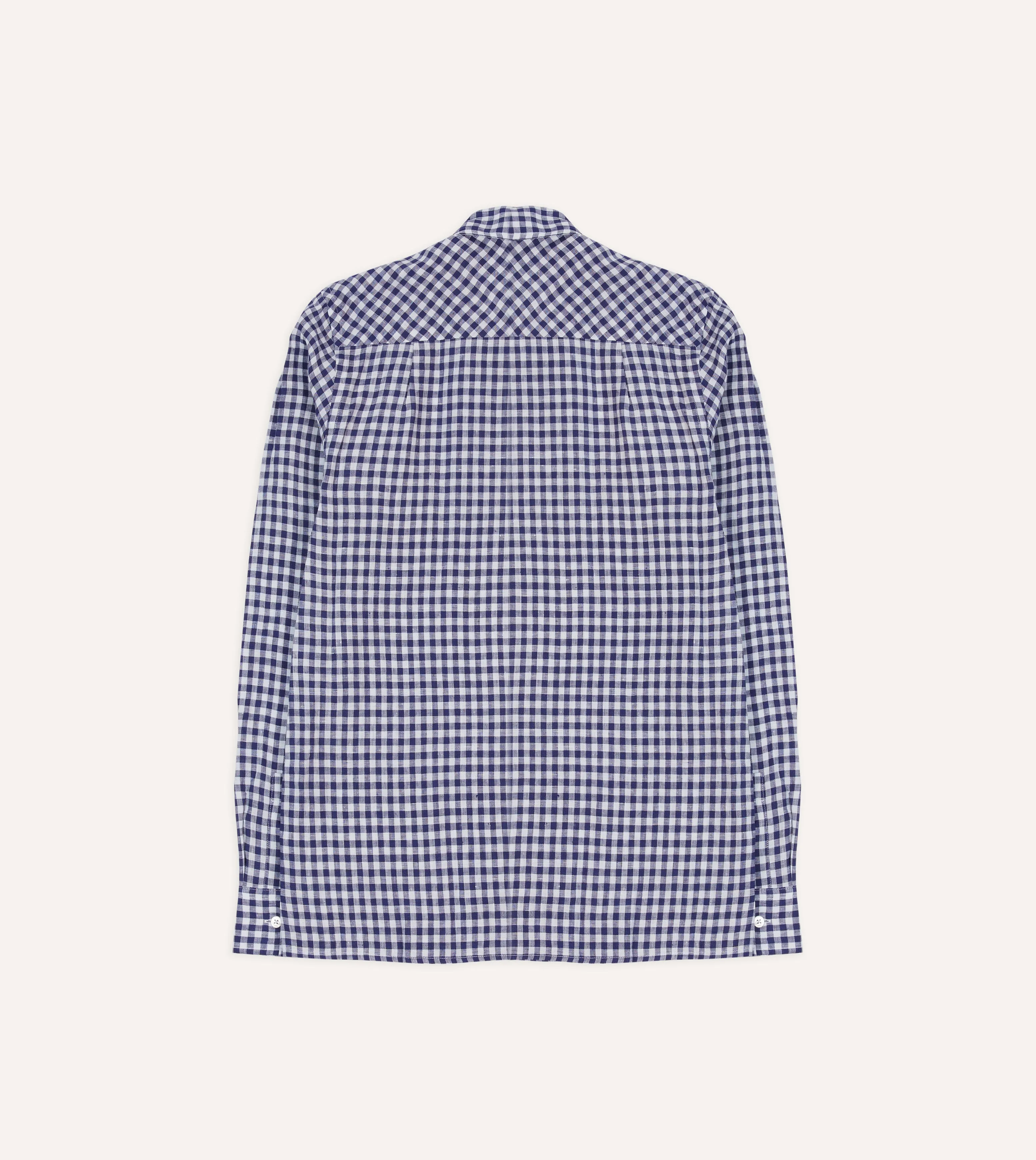 Navy Gingham Check Linen Camp Collar Long Sleeve Shirt