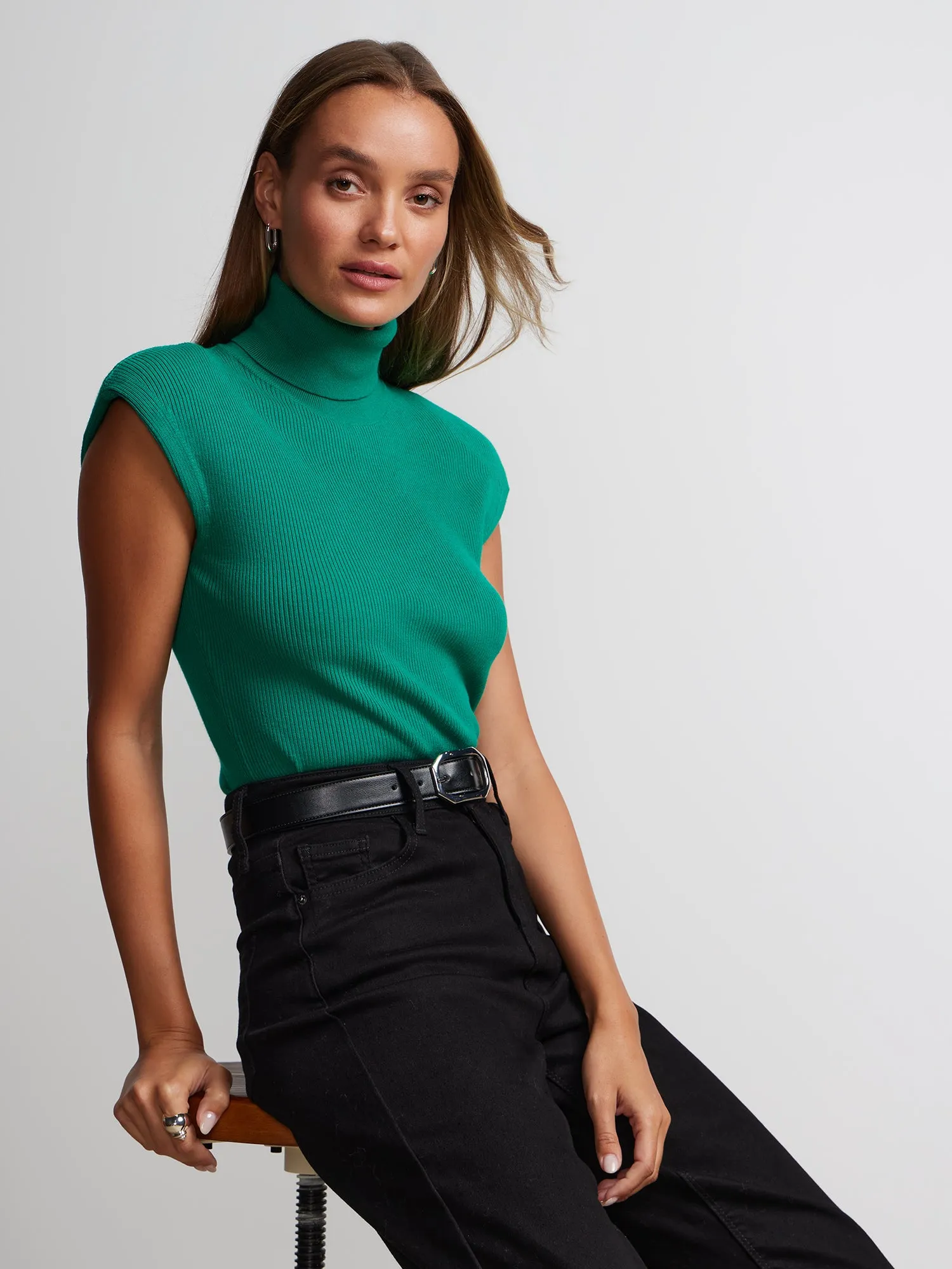 Shoulder Pad Turtleneck Sweater Tank