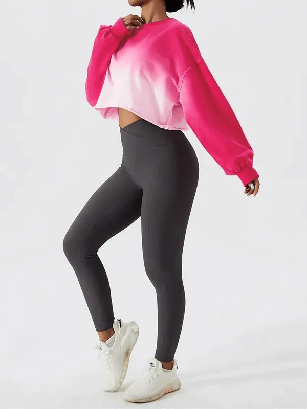 Sports Female Gradient Color Long Sleeves O-Neck Crop Top - SF1700