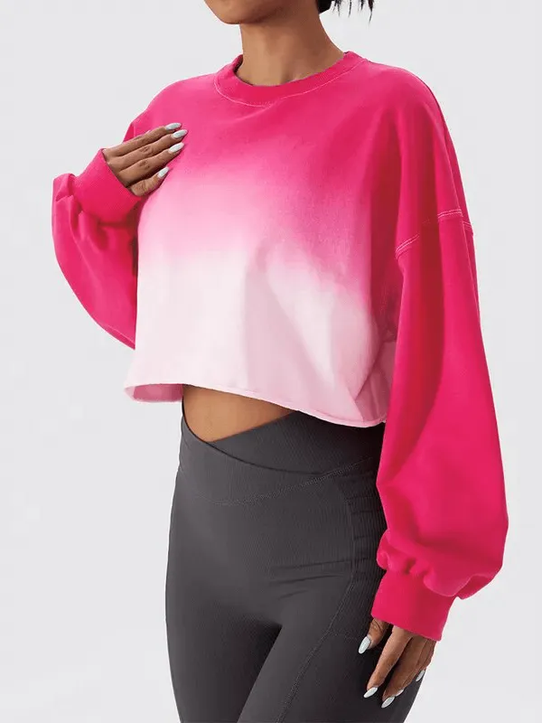 Sports Female Gradient Color Long Sleeves O-Neck Crop Top - SF1700