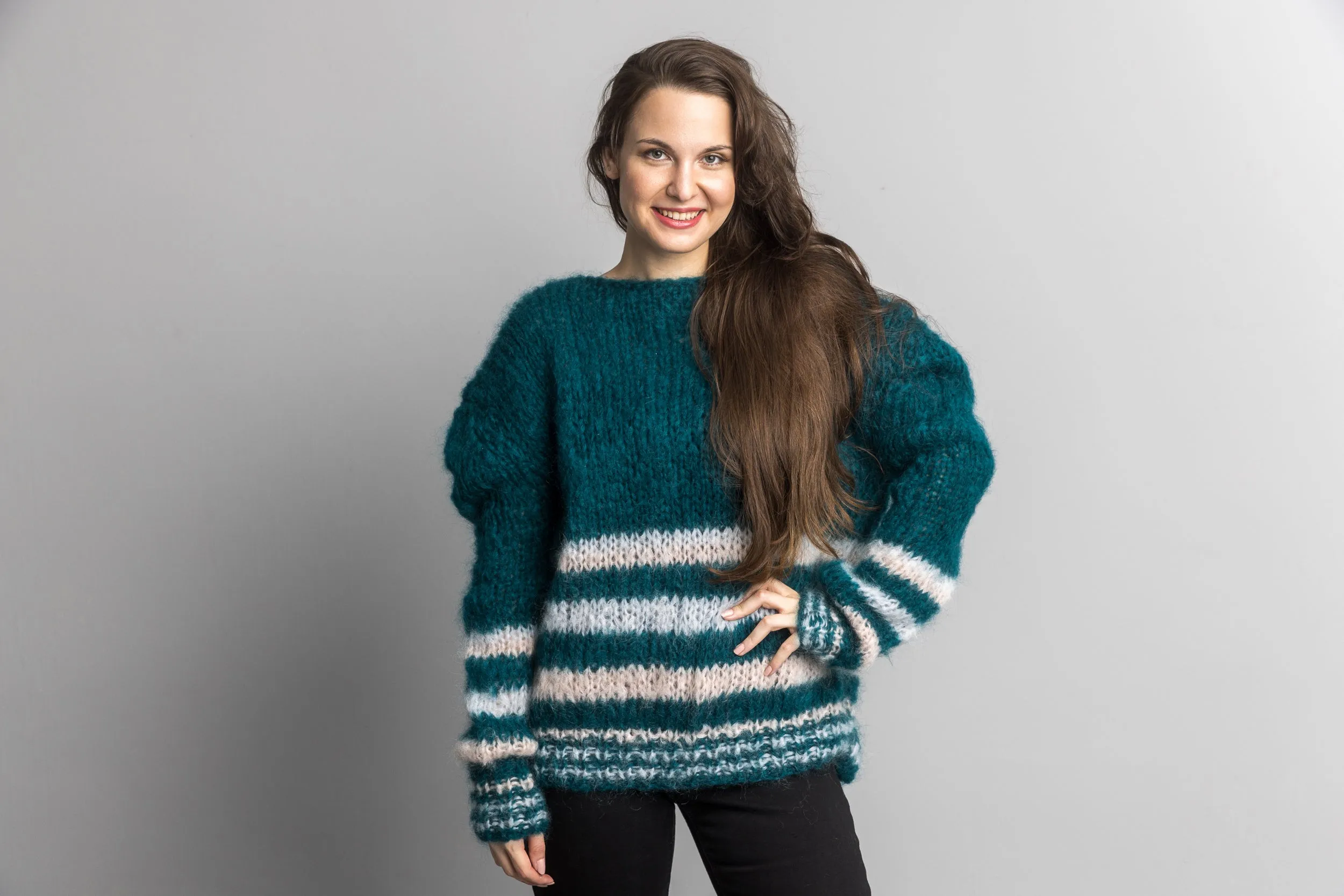 STRICKBOX Mohair Strick - Pullover John waldgrün gestreift