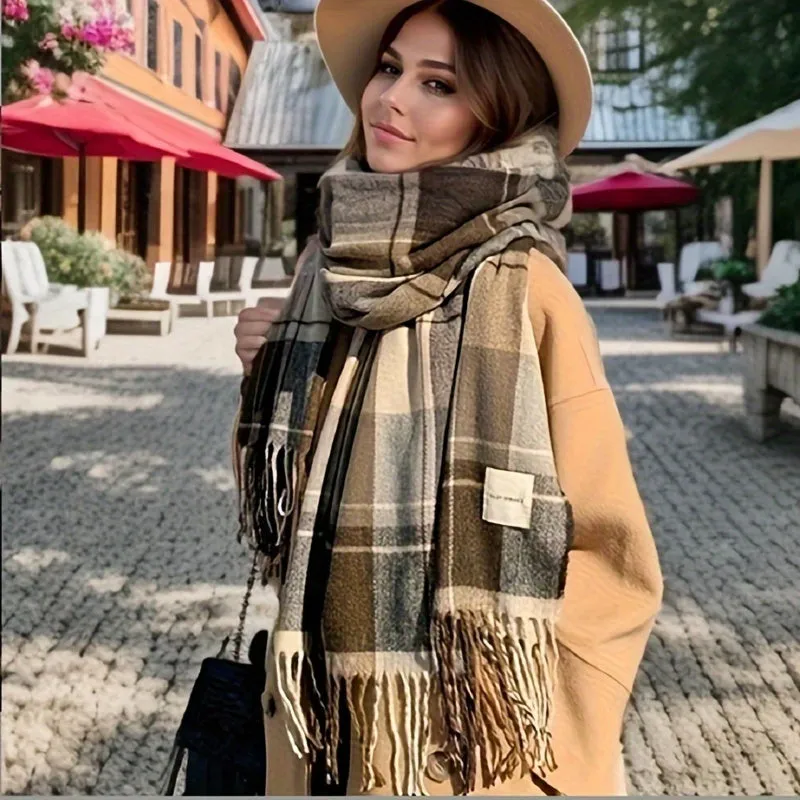 Unisex Tartan Tassel Scarf - 100% Polyester Knitted Plaid Wrap for Outdoor Wear, Decorative and Windproof, Versatile Shawl for Men and Women - Thickened Warmth for Cold Weather