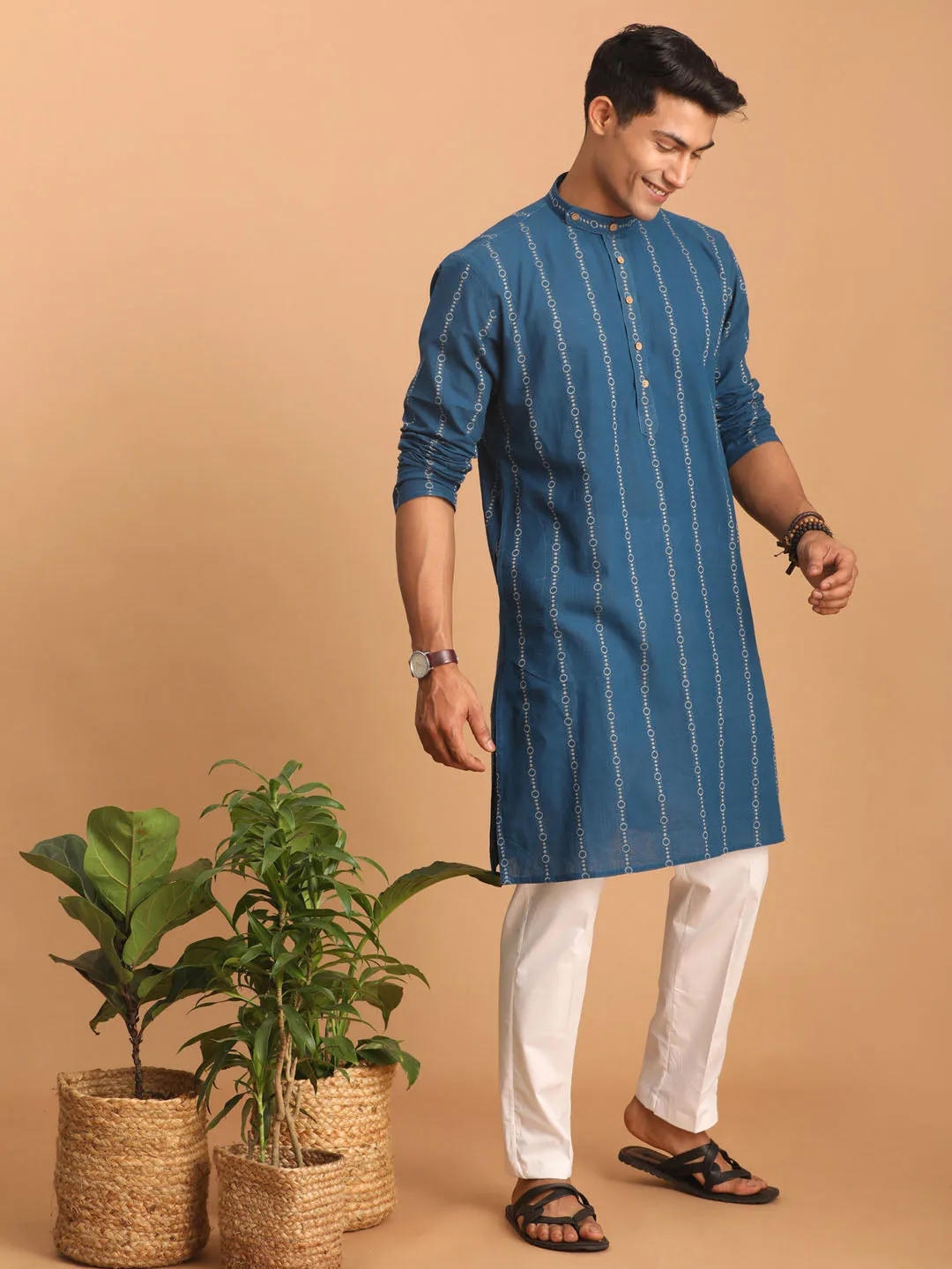 VASTRAMAY Men's Blue Jacquard Kurta Set