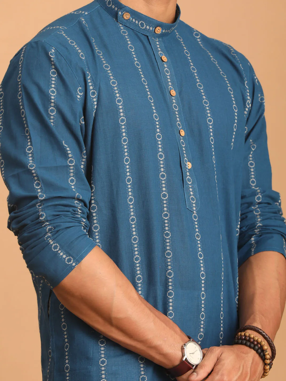 VASTRAMAY Men's Blue Jacquard Kurta Set