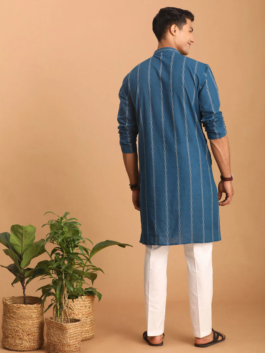 VASTRAMAY Men's Blue Jacquard Kurta Set