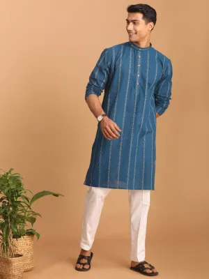 VASTRAMAY Men's Blue Jacquard Kurta Set