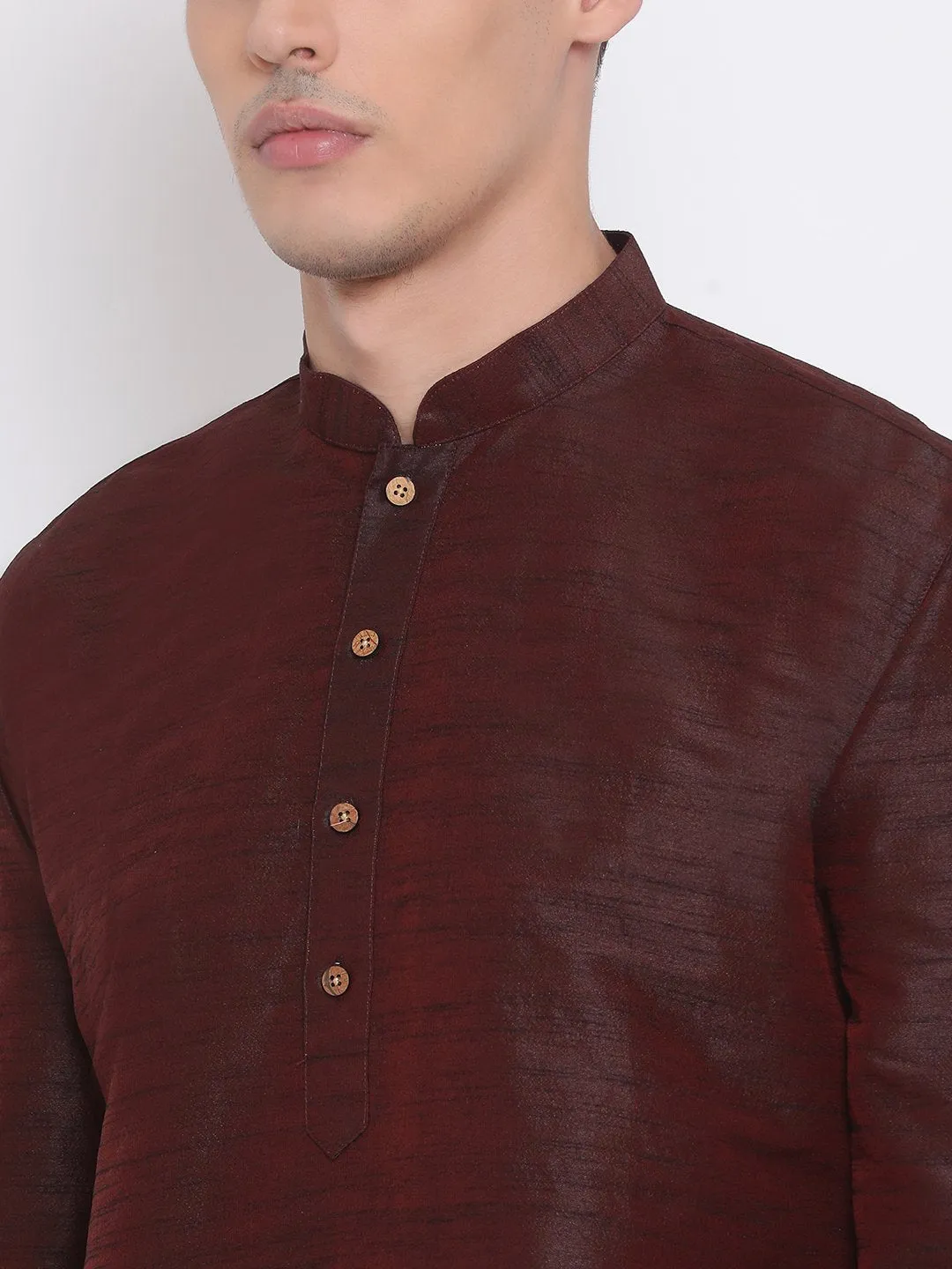 VASTRAMAY Men's Burgundy Silk Kurta Dhoti Set