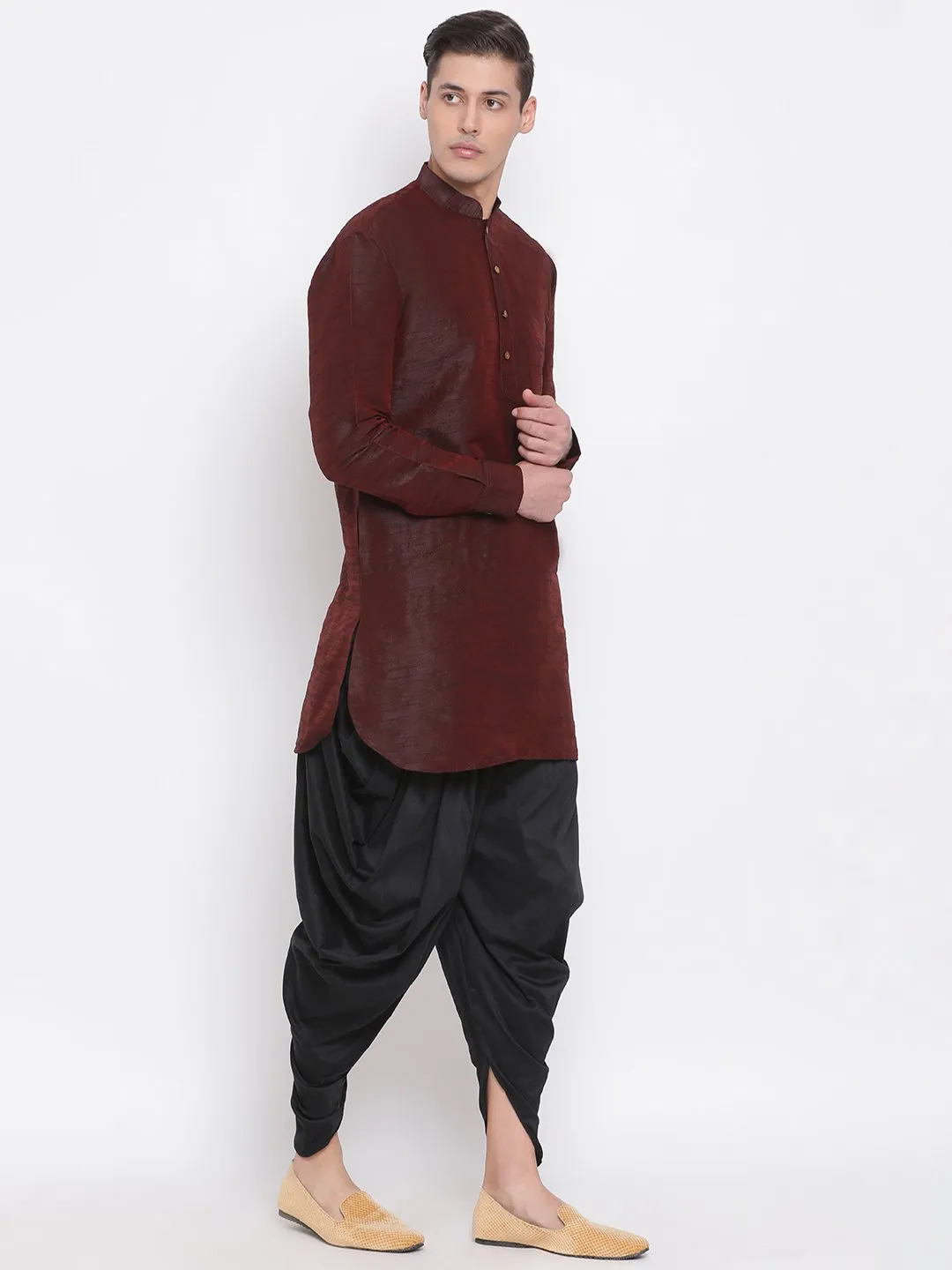 VASTRAMAY Men's Burgundy Silk Kurta Dhoti Set