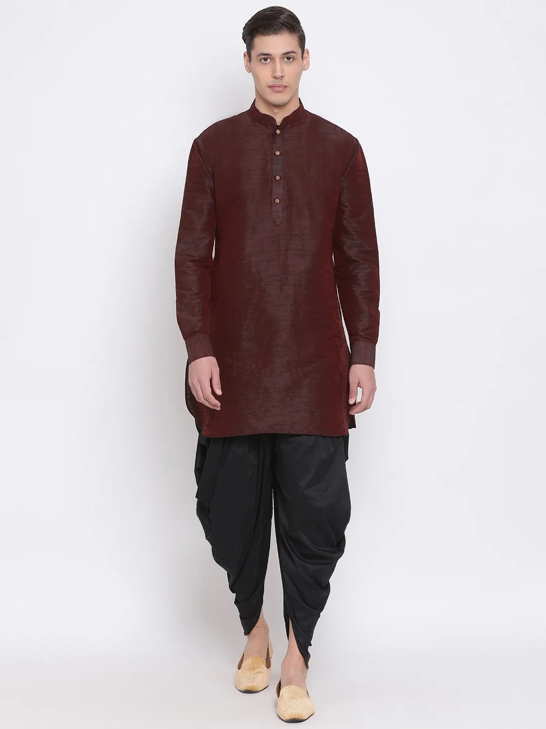 VASTRAMAY Men's Burgundy Silk Kurta Dhoti Set