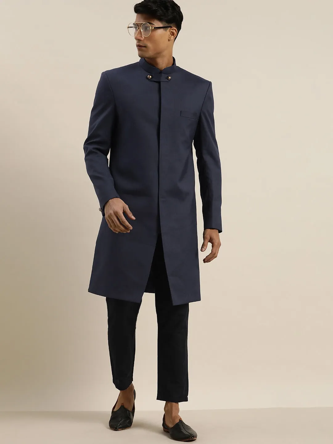 Vastramay Navy Blue Silk Blend Sherwani