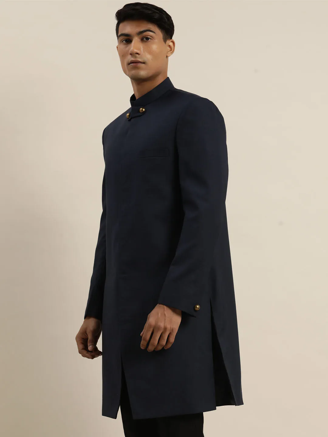 Vastramay Navy Blue Silk Blend Sherwani