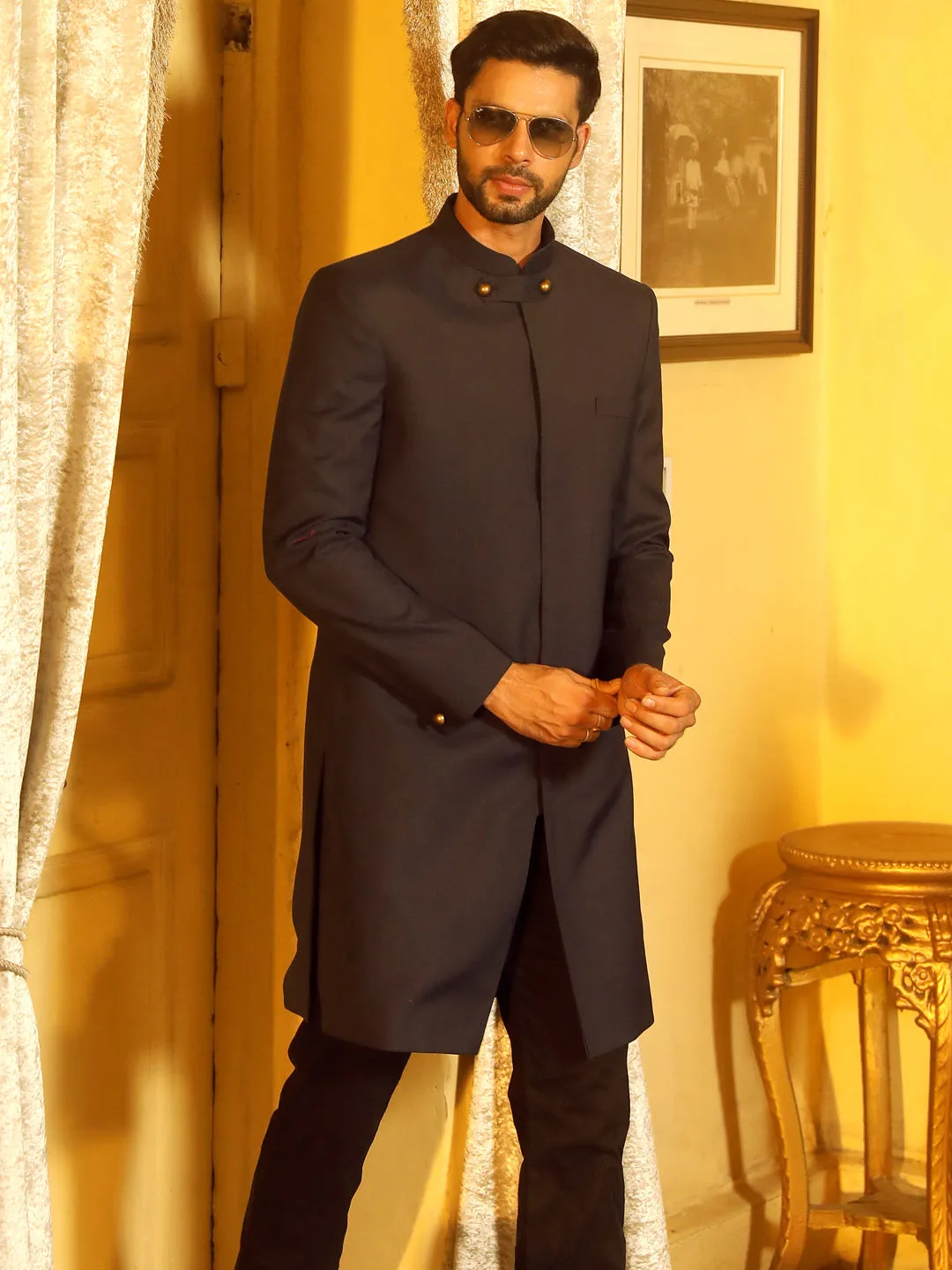 Vastramay Navy Blue Silk Blend Sherwani