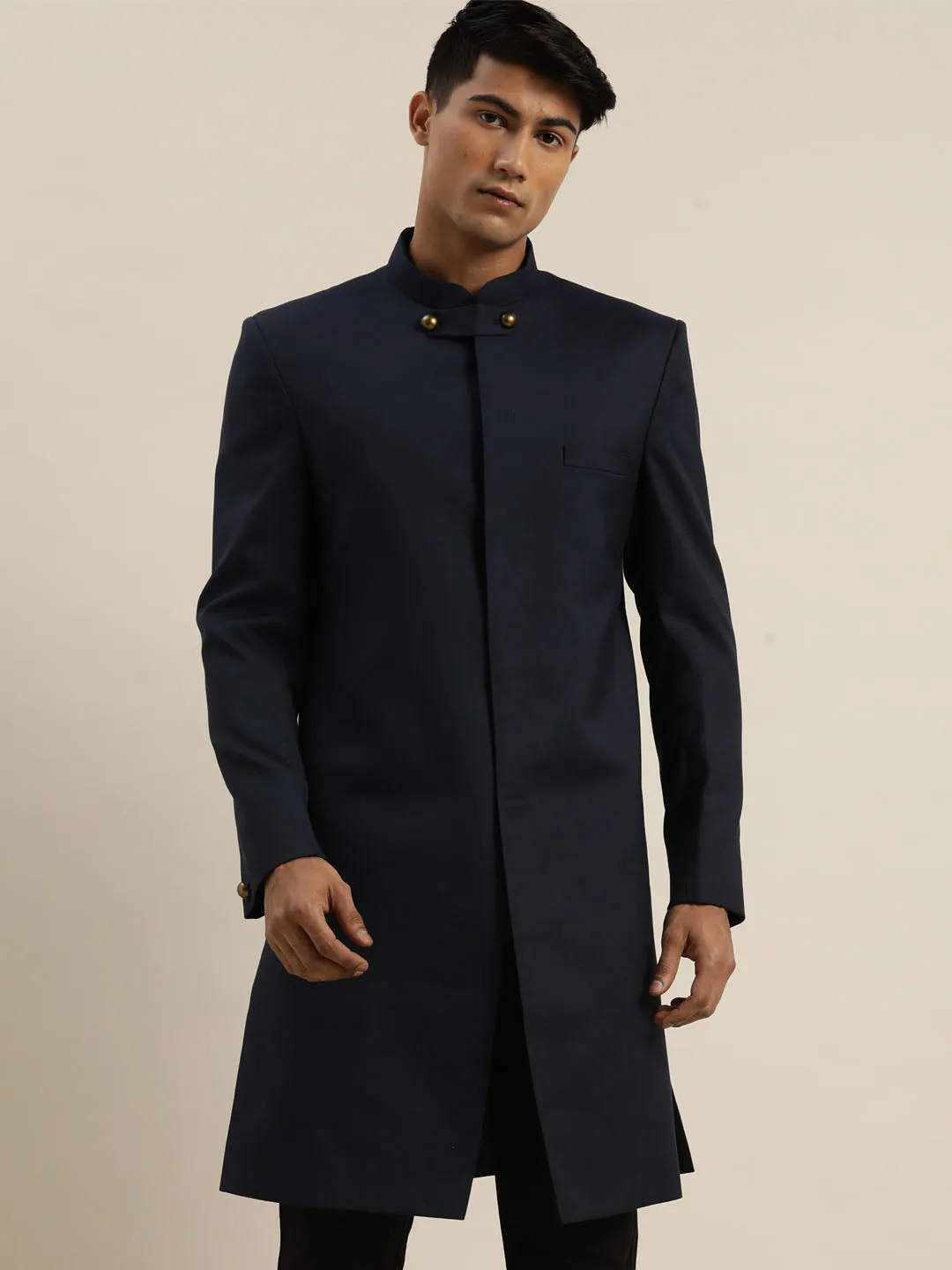 Vastramay Navy Blue Silk Blend Sherwani